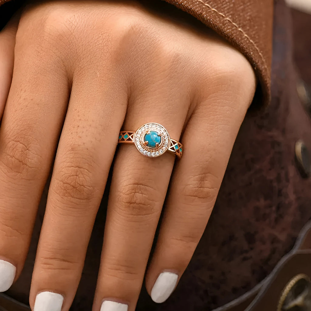 Women's turquoise ethnic style geometric ring with micro inlaid zircon in rose gold colour