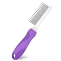 Purple pet grooming comb with stainless steel long and short teeth on a purple ergonomic handle.