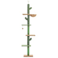 Tall solid wood cat climbing frame with integrated cactus-shaped cat nest, scratch board, and hanging toys.
