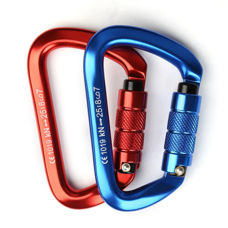 D-shaped climbing carabiner lock with automatic or threaded gate in colours: black, blue, orange, red, silver red.