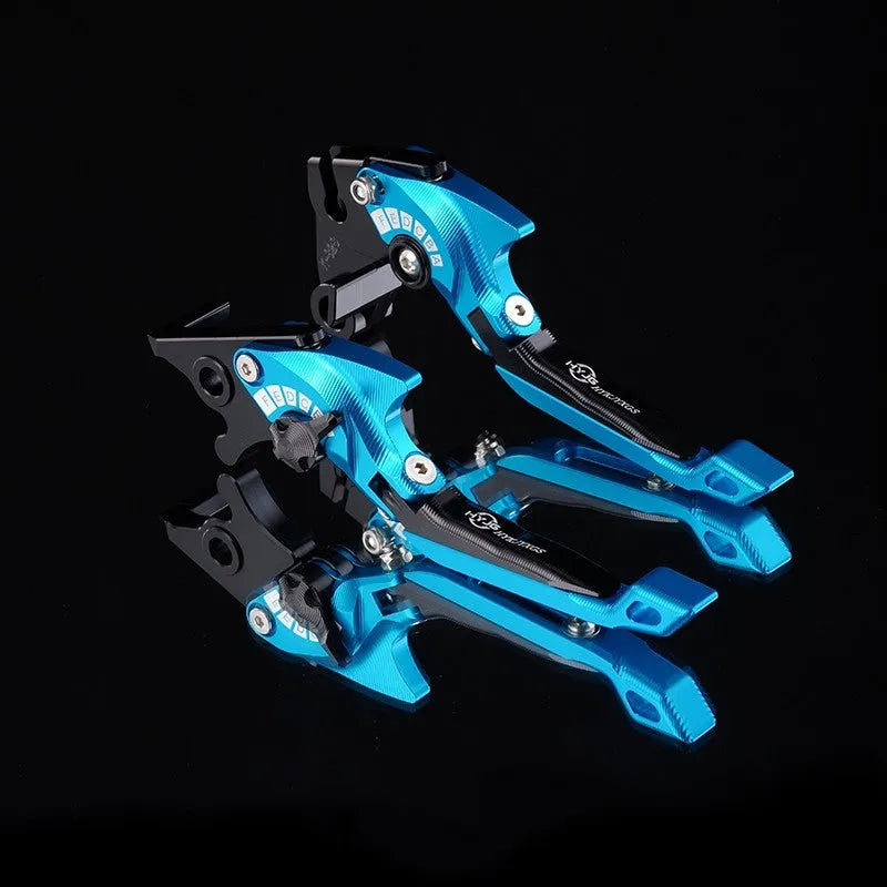 Pair of anodised metal motorcycle horn handle clutch levers with six-speed adjustable length, shown in a selection of colour finishes