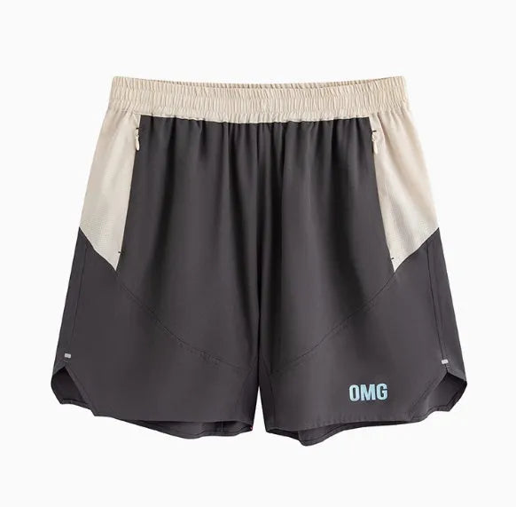 Men's loose dark grey workout shorts with an elastic and lace-up waistband for lifting.