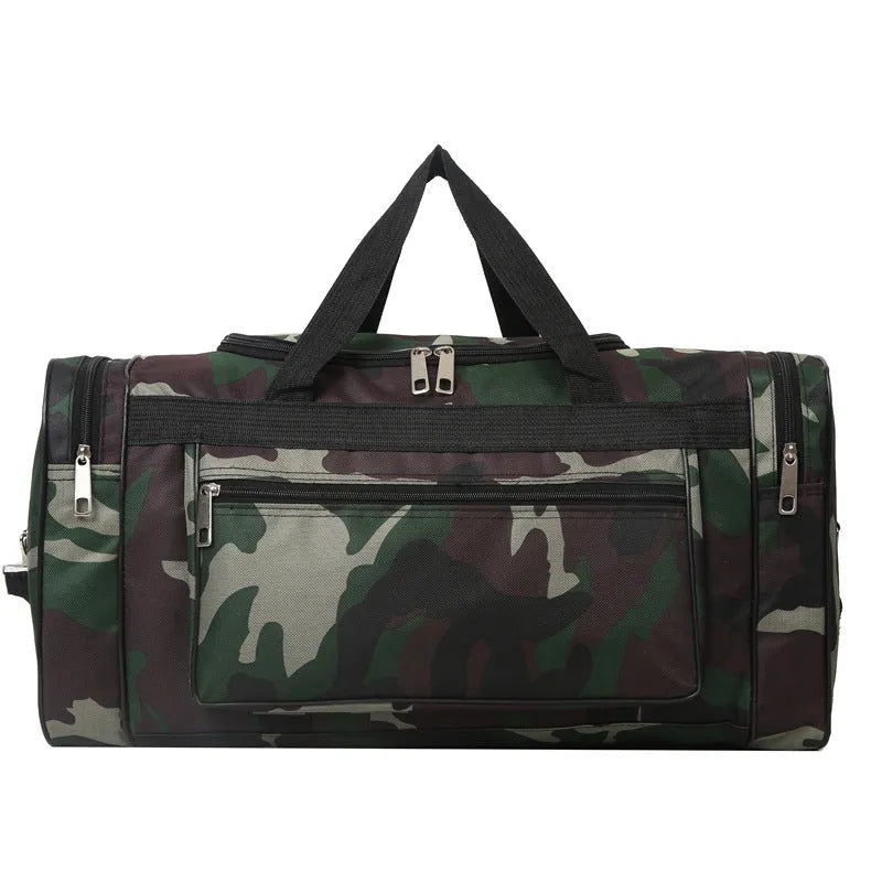 Green camouflage waterproof luggage bag with 20L capacity and striped polyester lining.