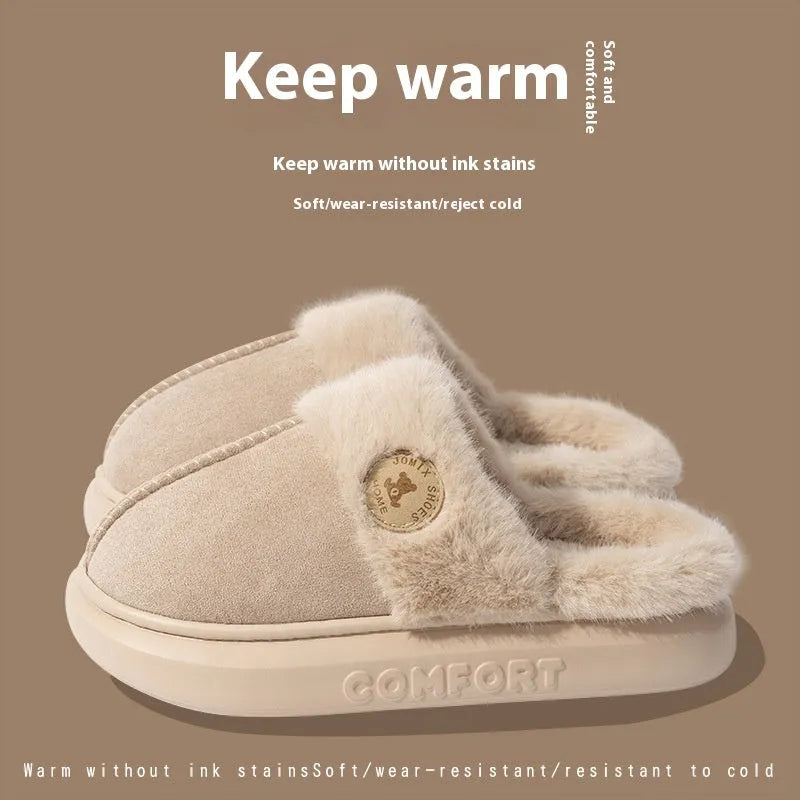 Fleece indoor slippers with thick PVC soles in various colours showing car stitching detail