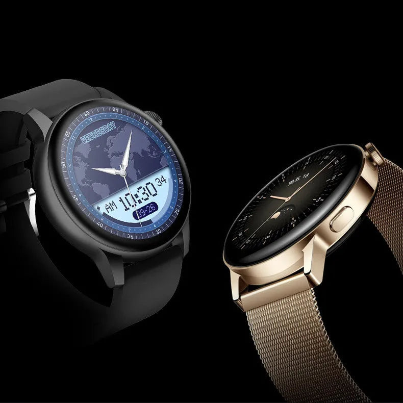 Black stainless steel smart watch showing a 1.30-inch HD colour touchscreen on a wrist.