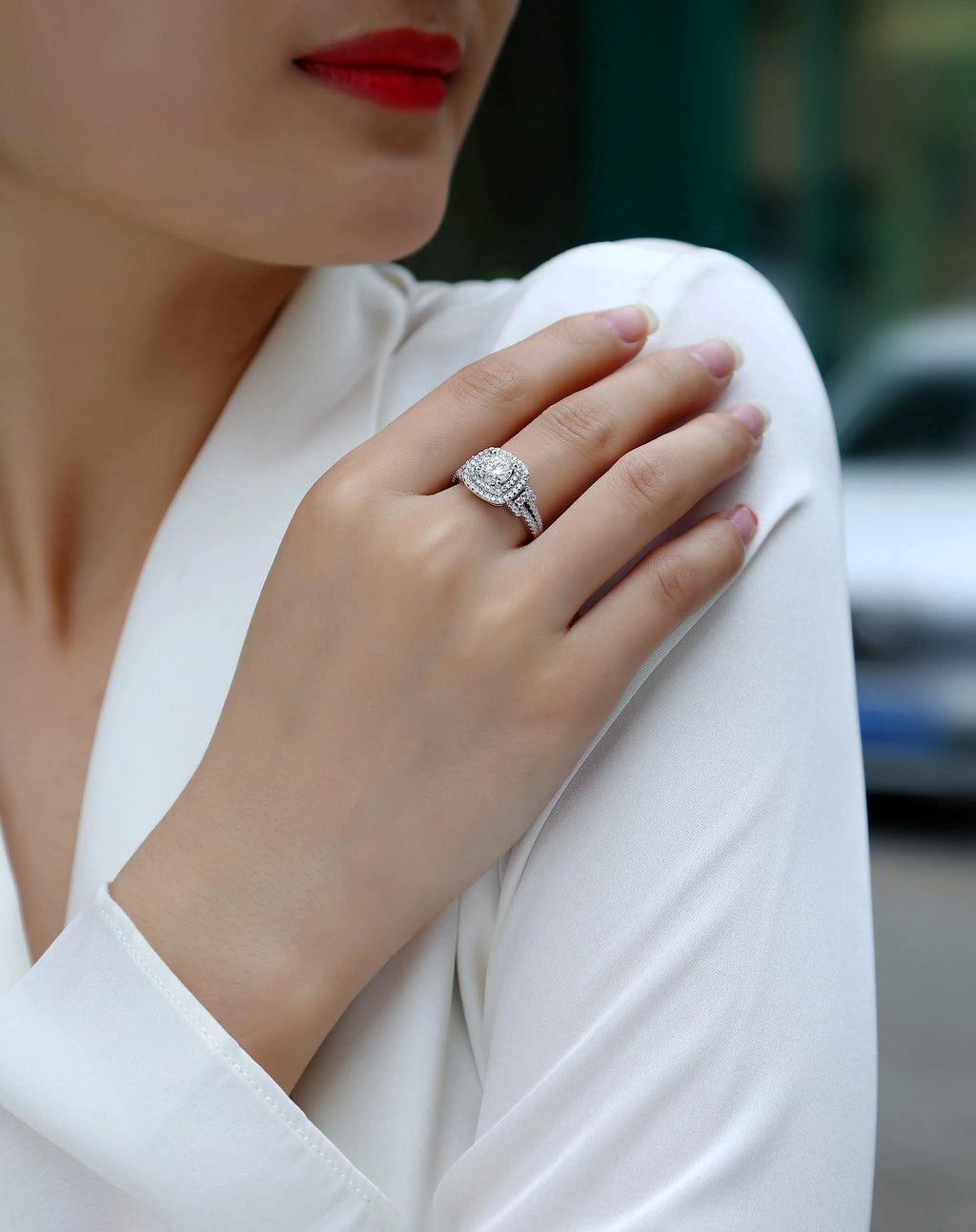 Wedding ring set with 1-carat moissanite in S925 silver platinum-plated band, gift box, GRA certificate