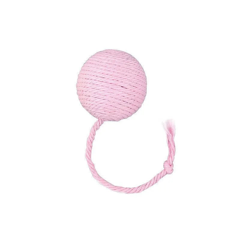 Green and pink soft plush cat toy balls with rope tails and internal bells