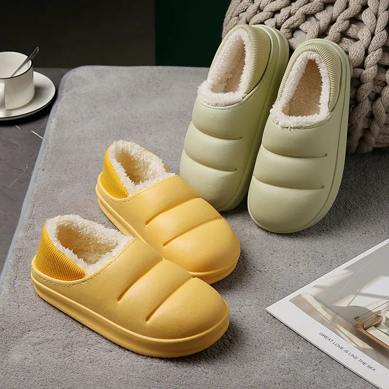 Waterproof couple cotton slippers in EVA material with non-slip sole and plush lining