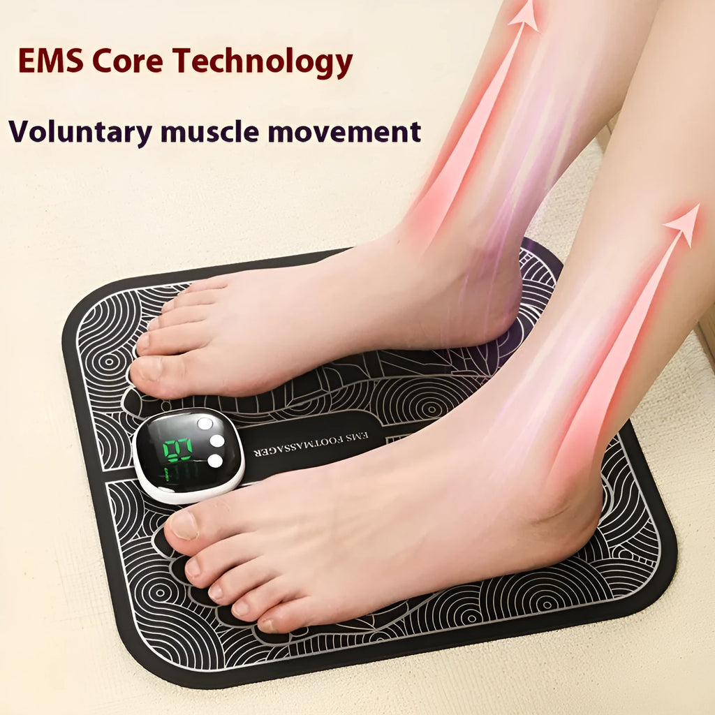 USB rechargeable reflexology foot massager mat with remote control on a wooden floor