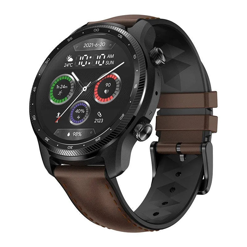 Black Ticwatch Pro X smart watch on wrist showing 47mm case and dual-layer display