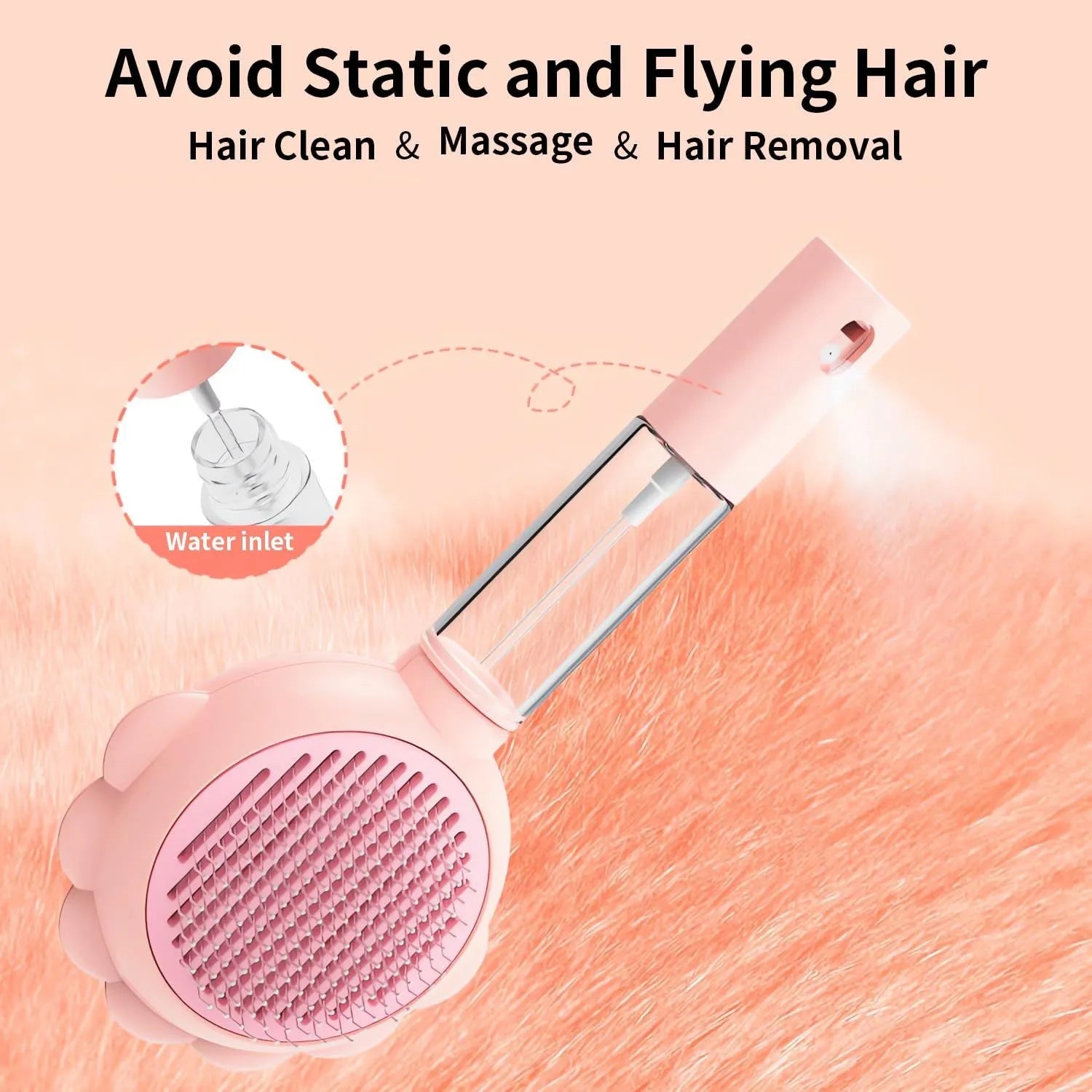 Grey spray cat grooming brush with self-cleaning button and water spray function.