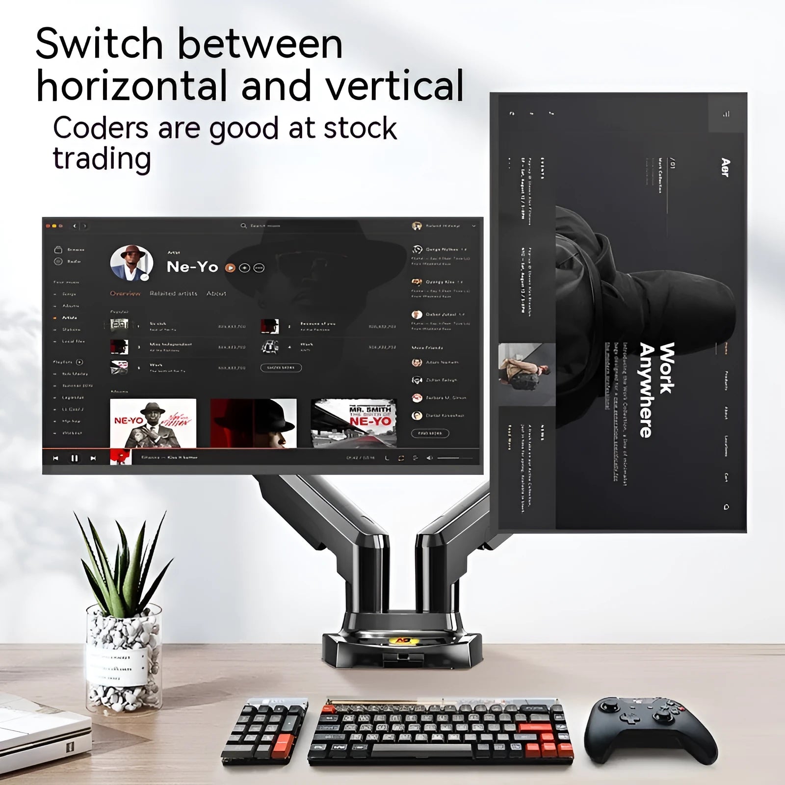 Dual screen lifting monitor desk bracket in a dual-screen colour variant, showing VESA plate compatibility.