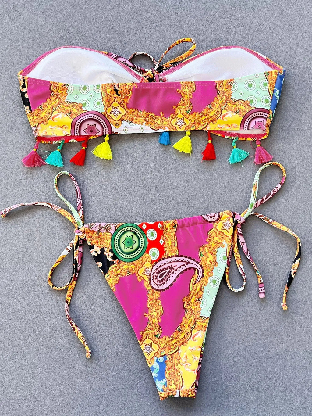 Women's printing separated bikini set with tube top and briefs in polyester swimwear