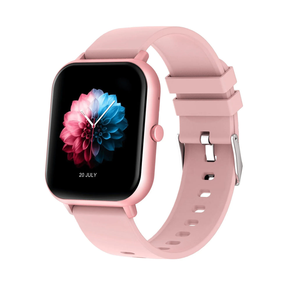 Bluetooth smart watch with heart rate monitor on wrist, shown in black, pink, silver grey, and khaki colour options.
