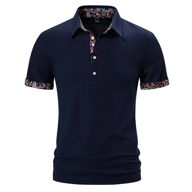 Men's white short sleeve polo shirt with colour stitching on the turnover neck collar