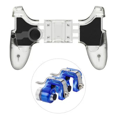 Black mobile phone gamepad handle showing physical buttons and plug-in connection