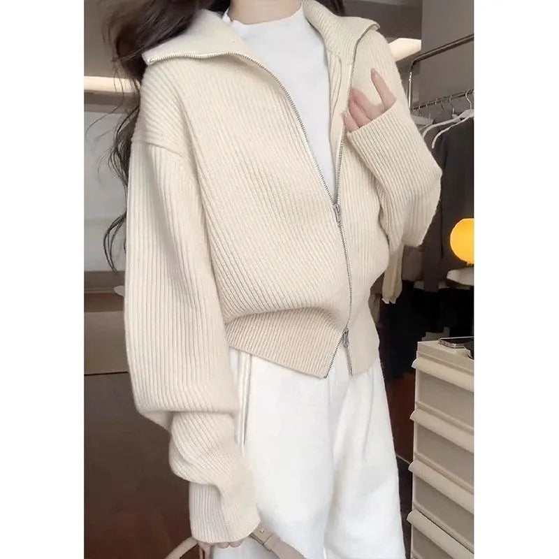 Hong Kong style double zipper knitted cardigan in loose fit with floral pattern