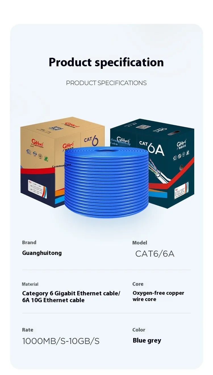 A box of blue 305-metre long Cat6/Cat6a oxygen-free copper network cable on a reel.