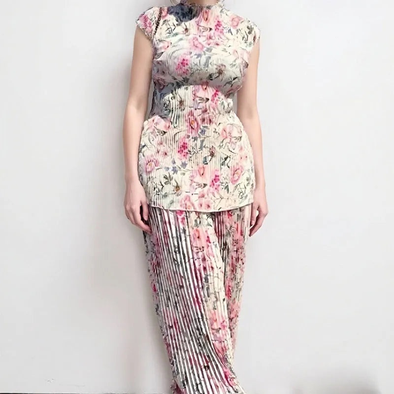 Long sleeve printed chiffon dress with high waist design in picture colour
