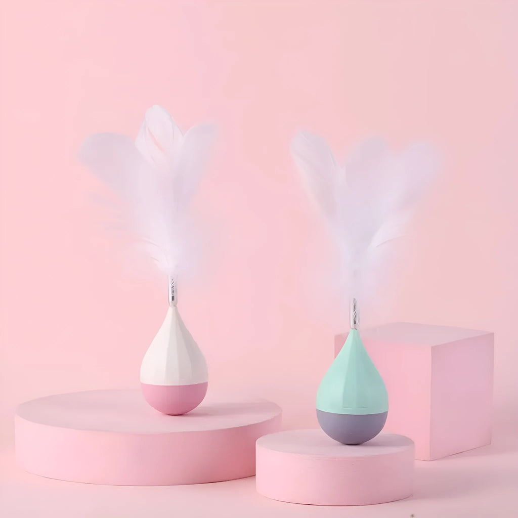 Feather tumbler cat toy with goose feather attachments on aluminium alloy rod and ABS plastic base