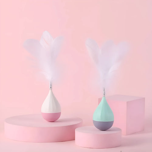 Feather tumbler cat toy with goose feather attachments on aluminium alloy rod and ABS plastic base