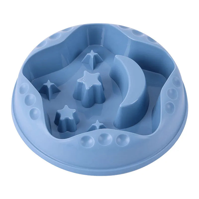 Moon Star Wings ceramic dog slow feeder bowl with raised centre ring and non-slip base in blue, grey, green, pink, or yellow.