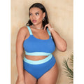 Women's high-waisted polyester bikini brief set in solid colour with stitching detail