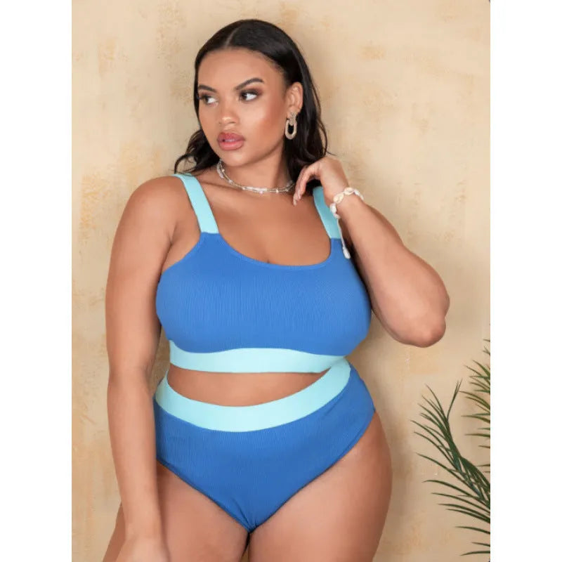 Women's high-waisted polyester bikini brief set in solid colour with stitching detail