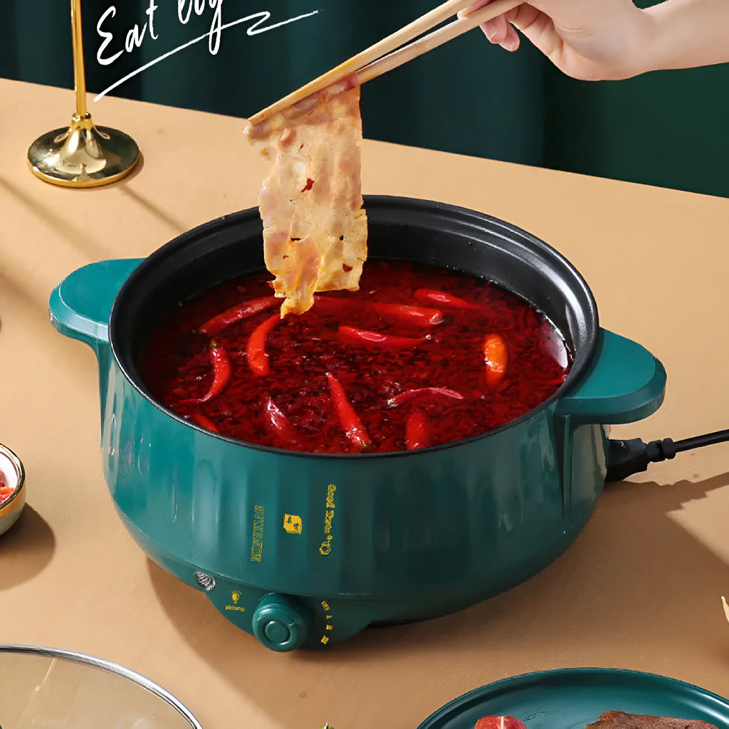 Non-stick electric hot pot with integrated heating element in stainless steel body, available in multiple sizes