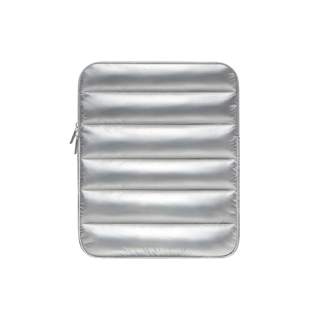 Black elastic laptop sleeve for 9.7-11 inch devices with puff cushioning and waterproof polyester