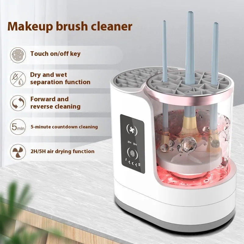 Electric makeup brush cleaner with drying chamber, 192x122x173mm, ABS PC TPE construction, timed cleaning and drying cycles