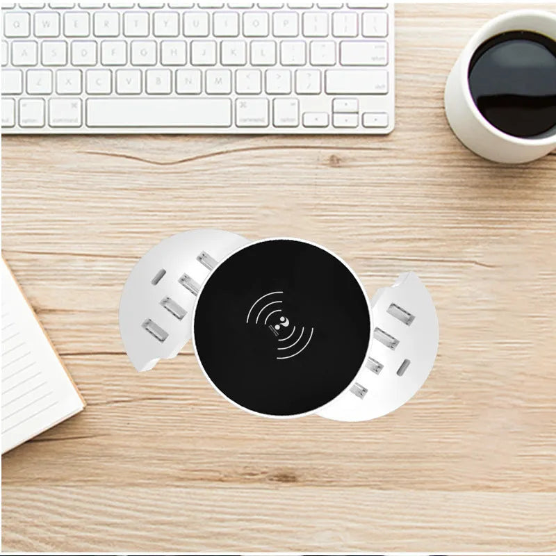 Ceramic white circular wireless charger with multiple adapters and 1.5 metre cable
