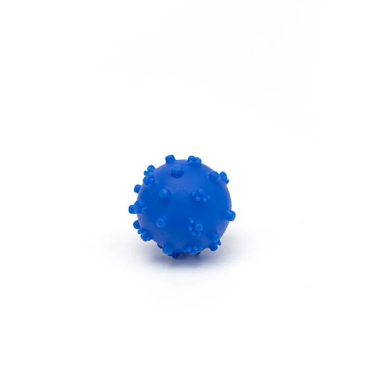 Bright blue, green, pink and yellow spiky dog balls with paw print dimples for small breed chewing and fetch.