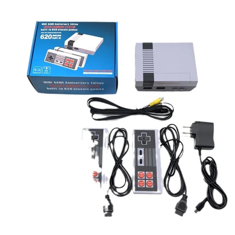 Red and grey NES retro mini game console with two rectangular controllers on a table.