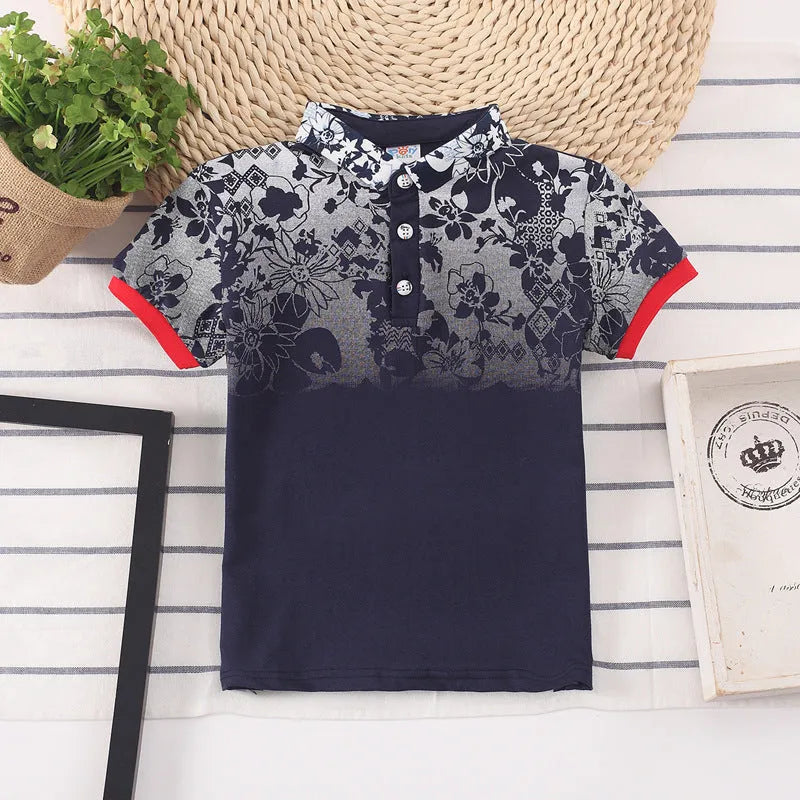 Child wearing a solid colour cotton short sleeve t-shirt with a lapel collar.