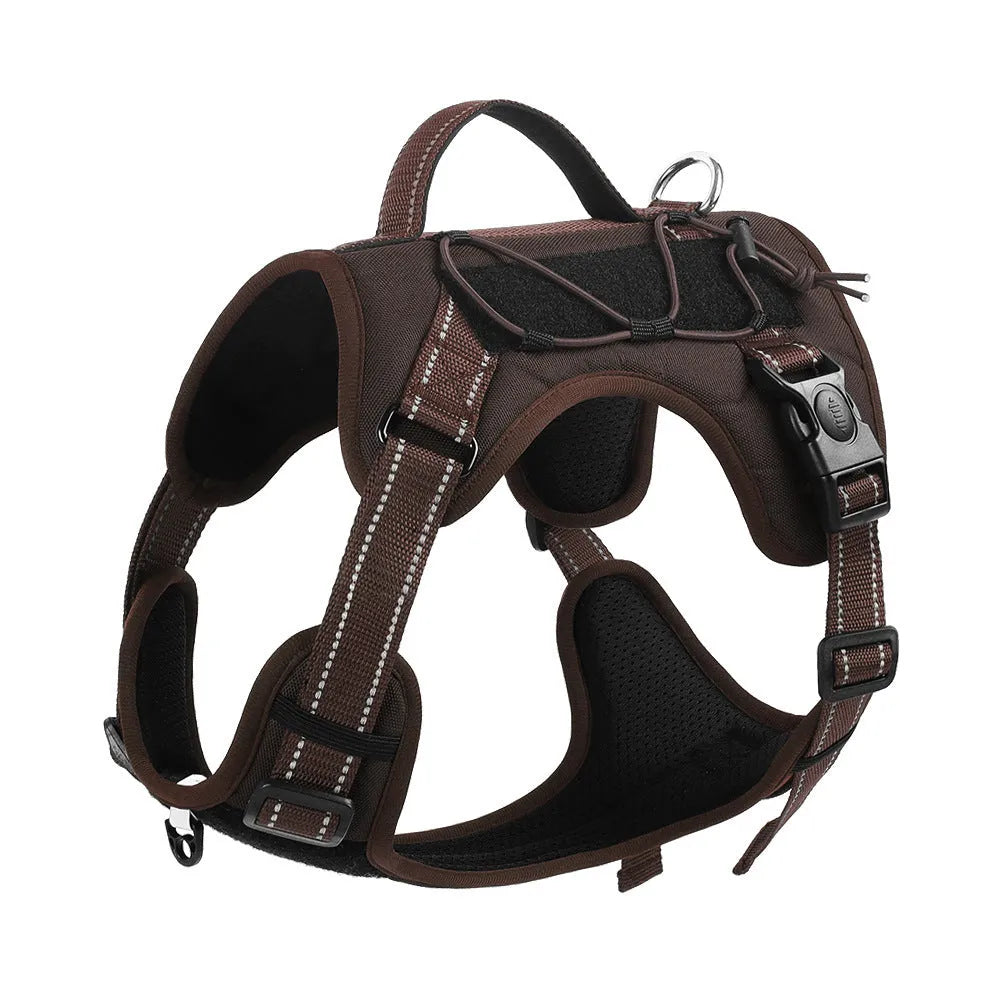Reflective dog harness with explosion-proof hand-holding rope in orange colour showing vest design and secure grip