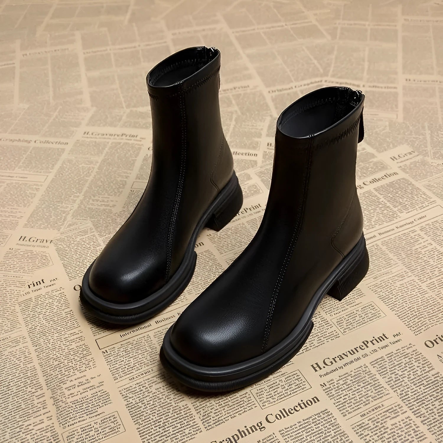 Women's black ankle boot with flat heel, round toe, and back zip on a plain background.