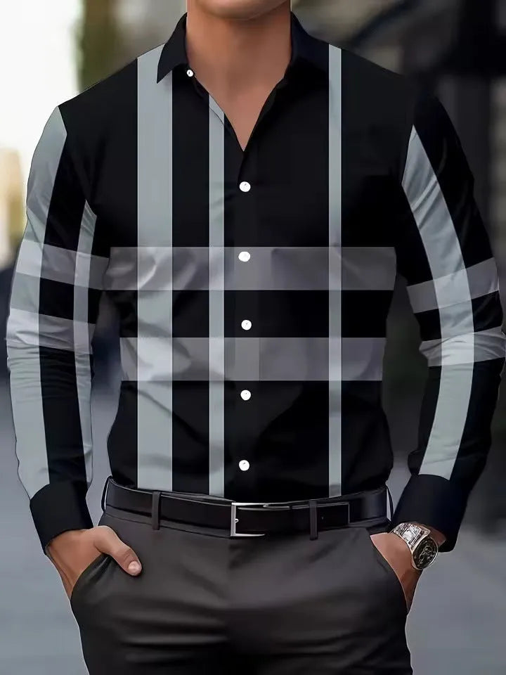 Men's striped long sleeve button-up shirt with lapel collar in polyester fabric