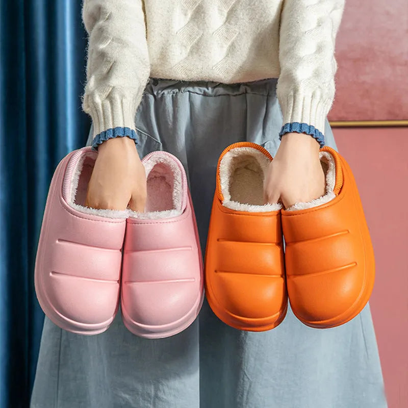 Waterproof couple cotton slippers in EVA material with non-slip sole and plush lining