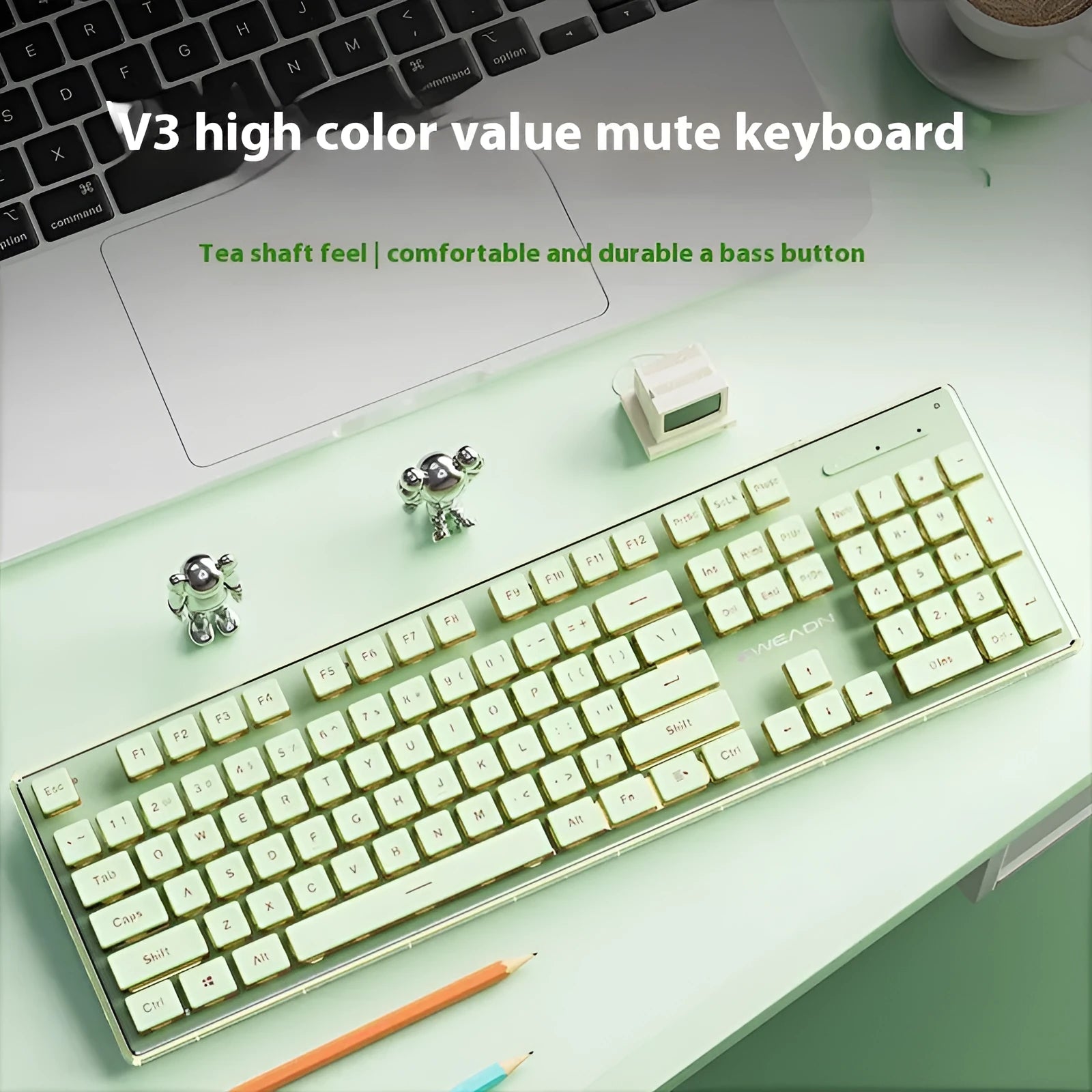 Prewalker V3 mute keyboard and mouse set in Retro Green colour on a desk.
