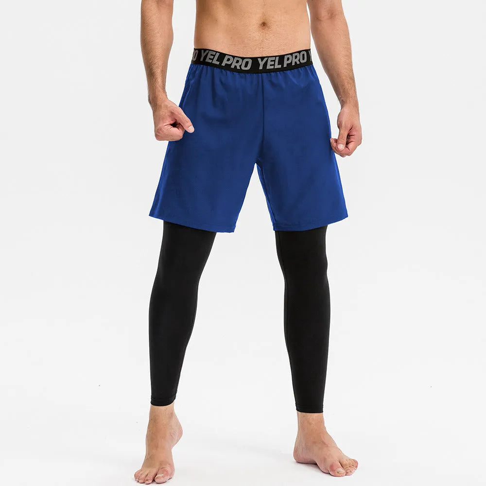 Men's tight fitness pants in grey polyester spandex fabric, shown in a running pose.