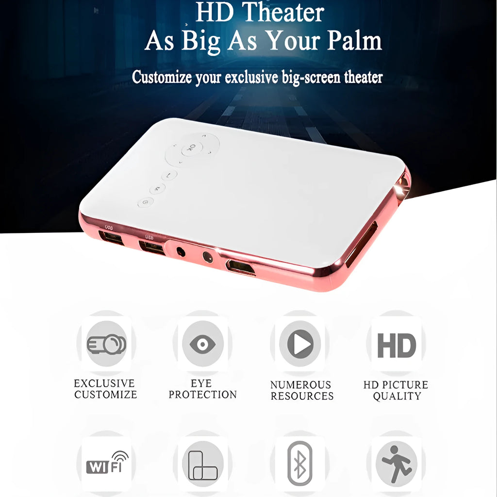 White and rose gold miniature portable Android projector showing compact 145mm size with smart DLP technology