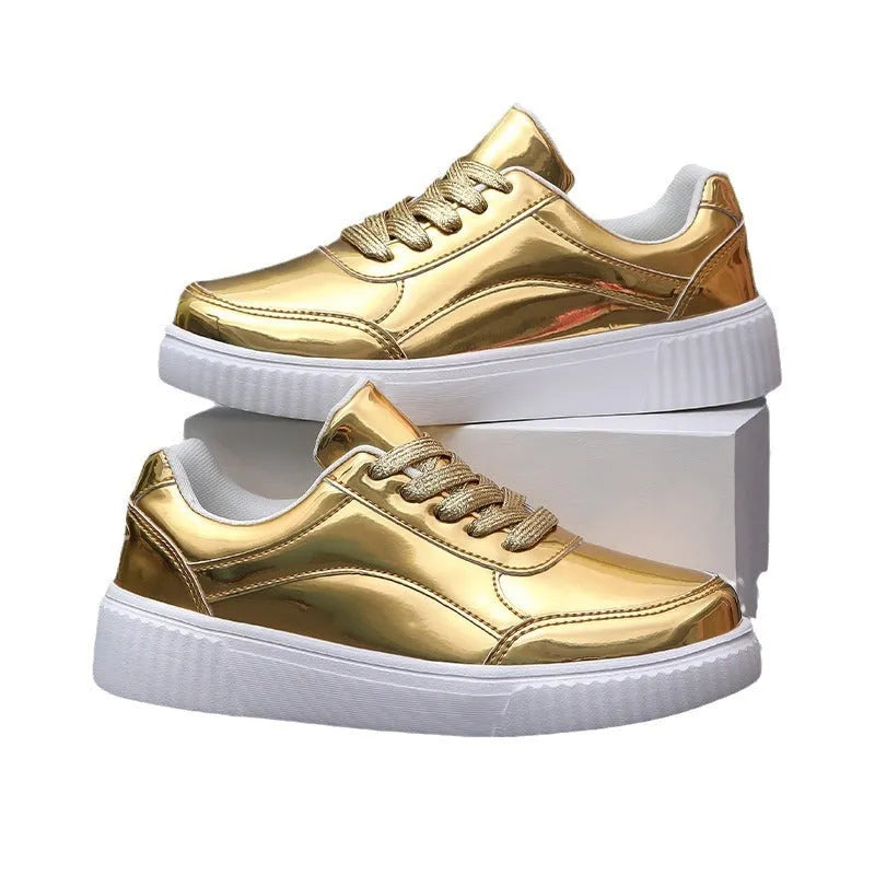 Rose gold sequinned platform sneakers with round toe and thick MD sole