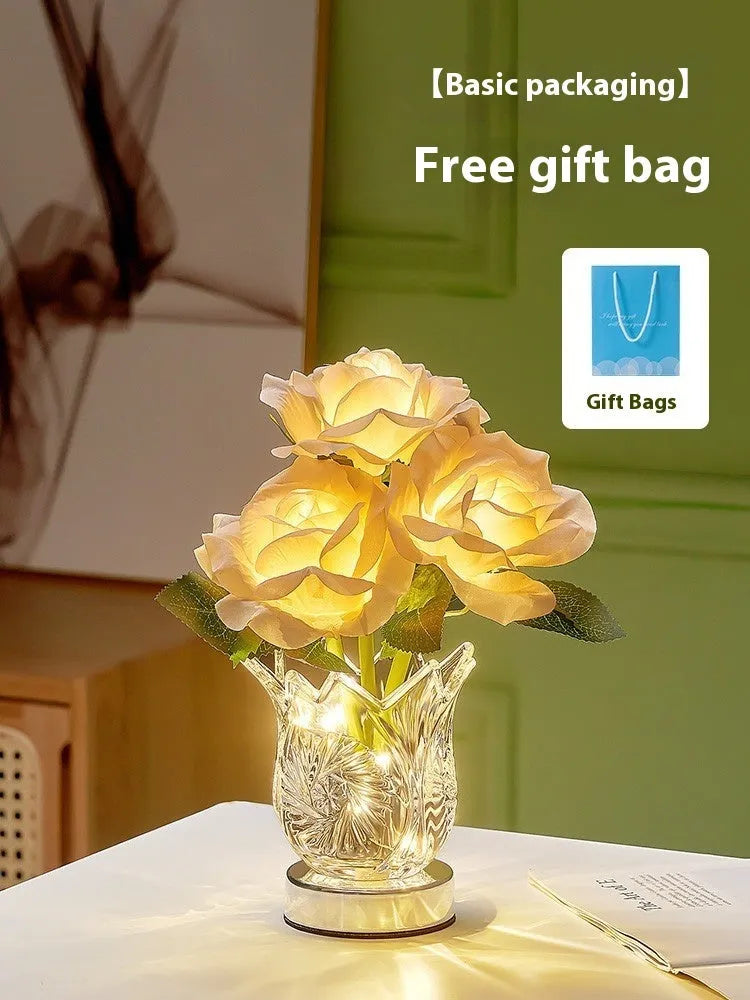 Crystal flowers design USB rechargeable table lamp with touch dimming control on wooden surface