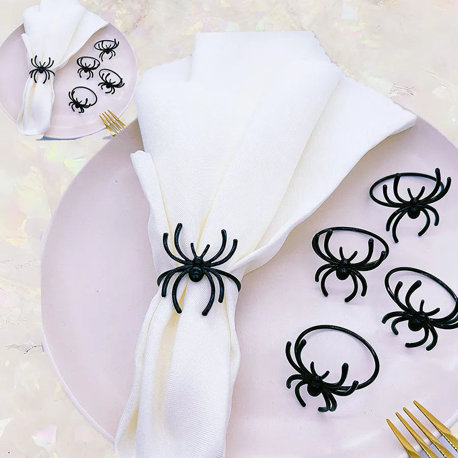 Six black spider design alloy napkin rings for Halloween table decoration measuring 5x4.5x4cm
